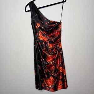 Maggy London black and red floral one-shoulder satin sheath dress.